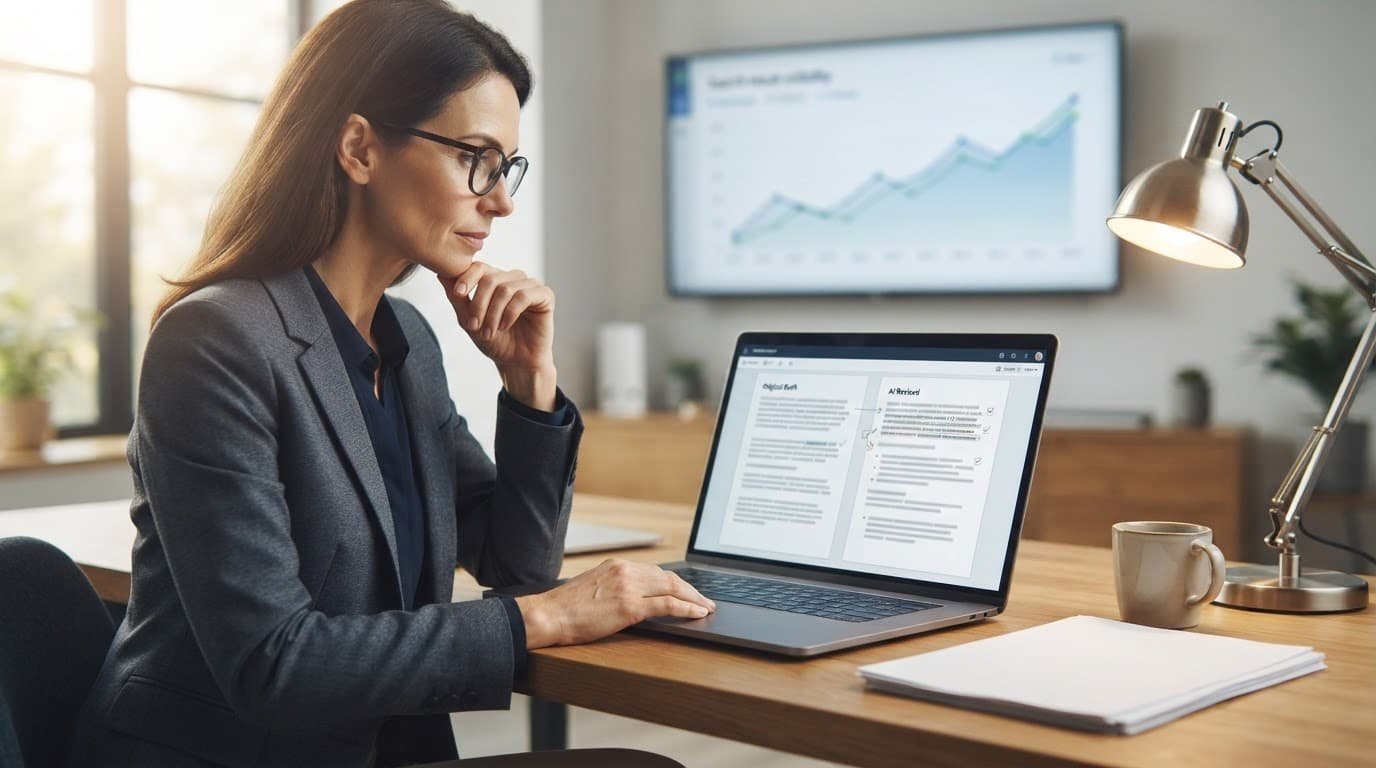 An editor reviews two abstract document pages beside a laptop and desk lamp.
