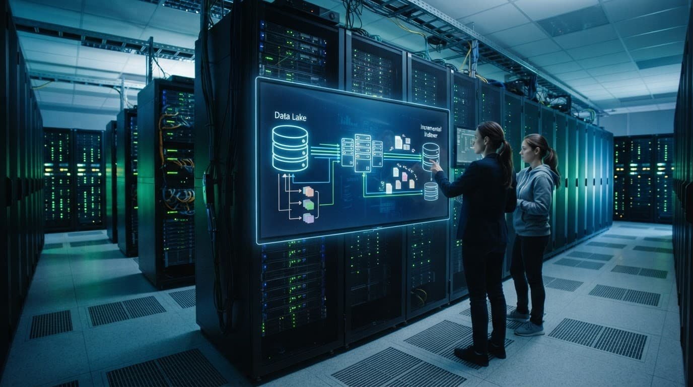Server racks and glowing data nodes illustrate incremental indexing and versioned storage.