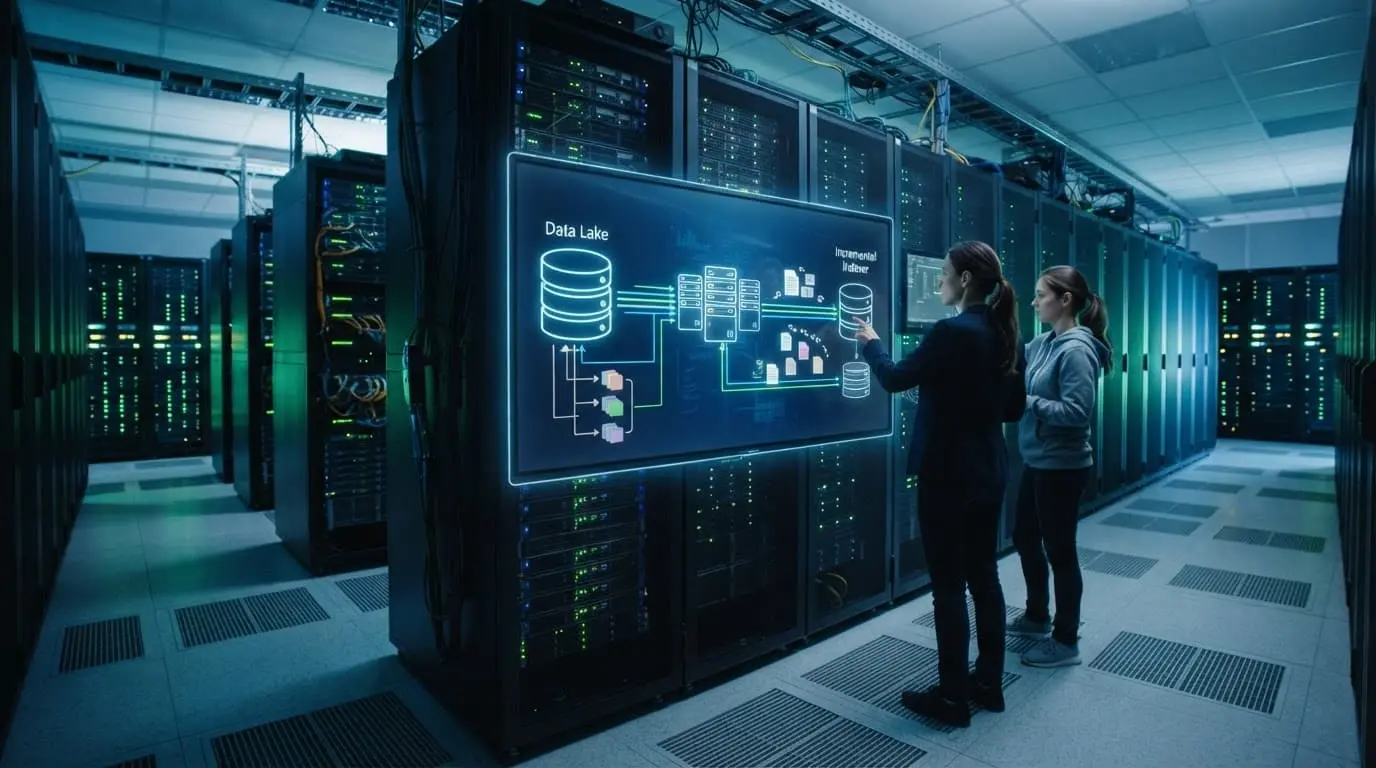 Server racks and glowing data nodes illustrate incremental indexing and versioned storage.
