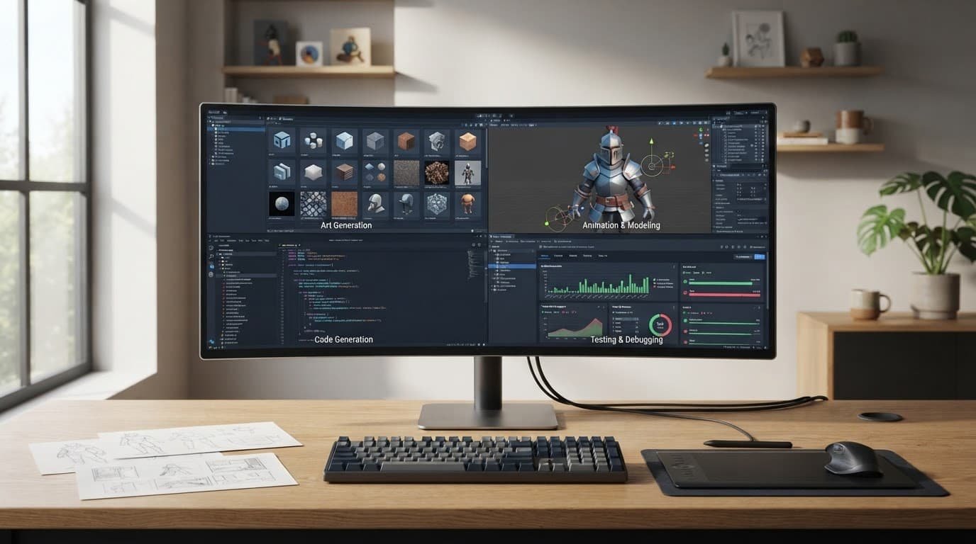 Monitor showing game art, a 3D character, code shapes, and testing visuals on a studio desk.
