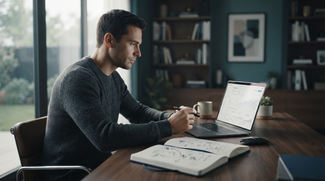One investor reviews portfolio charts on a laptop beside a marked notebook.