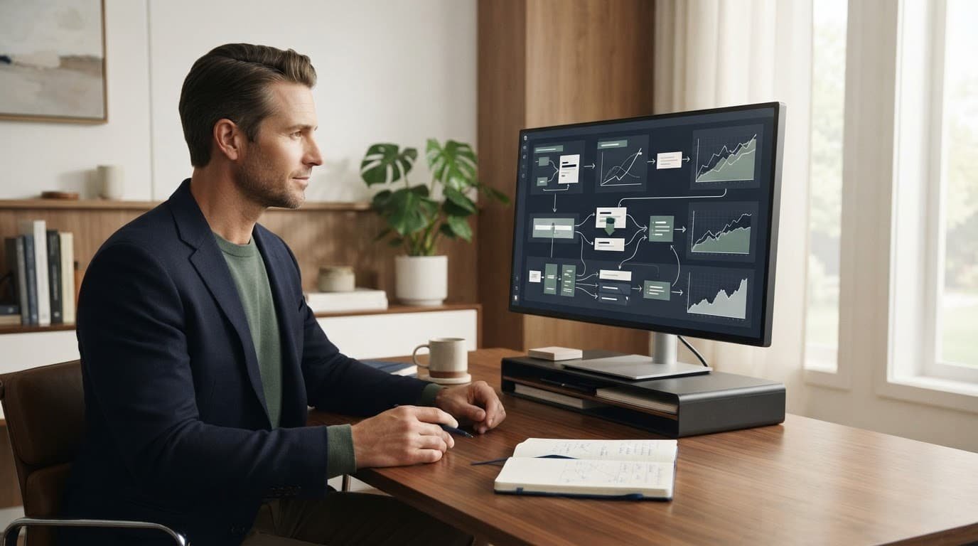 An investor reviews portfolio charts on a monitor beside a notebook.