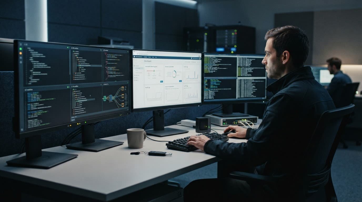 One person monitors three separated coding workspaces beside network hardware.