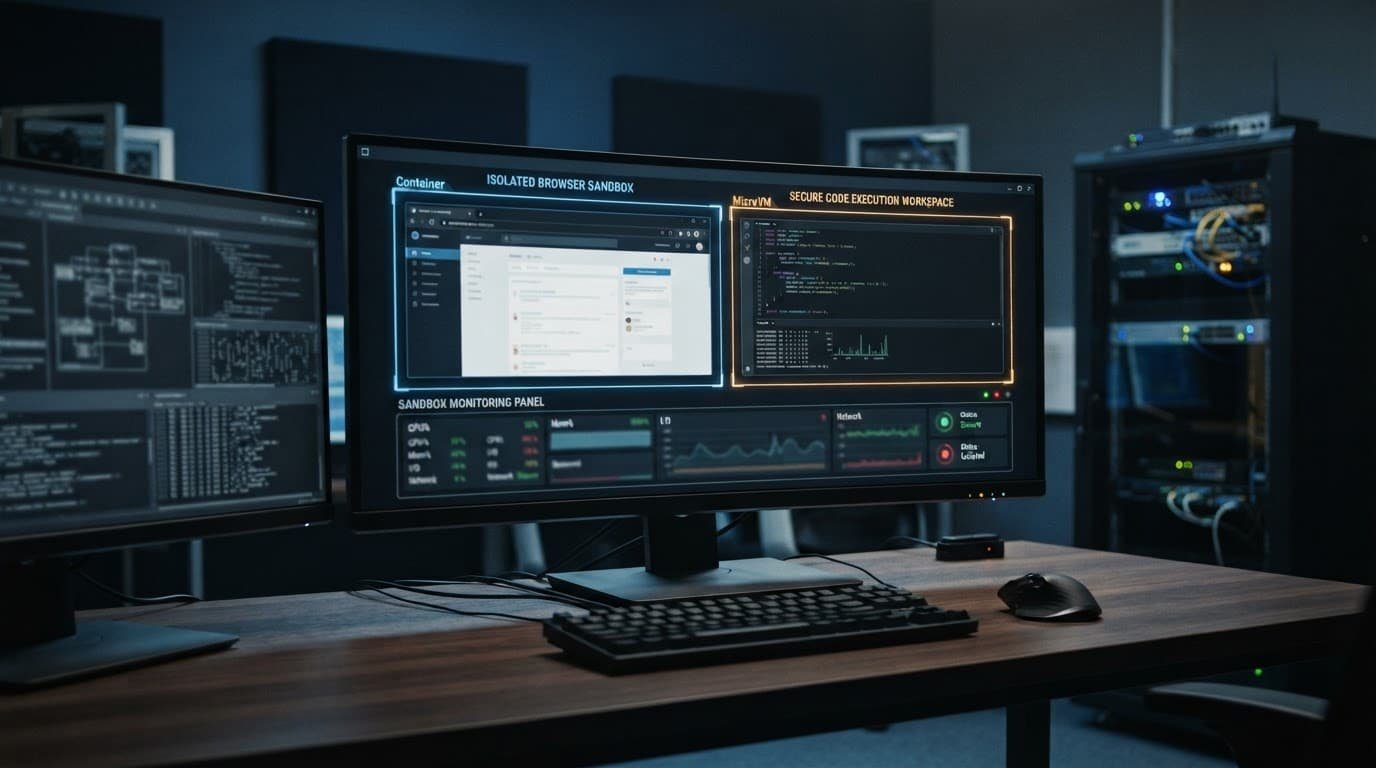 A workstation shows separate browser and code areas within isolated security boundaries.