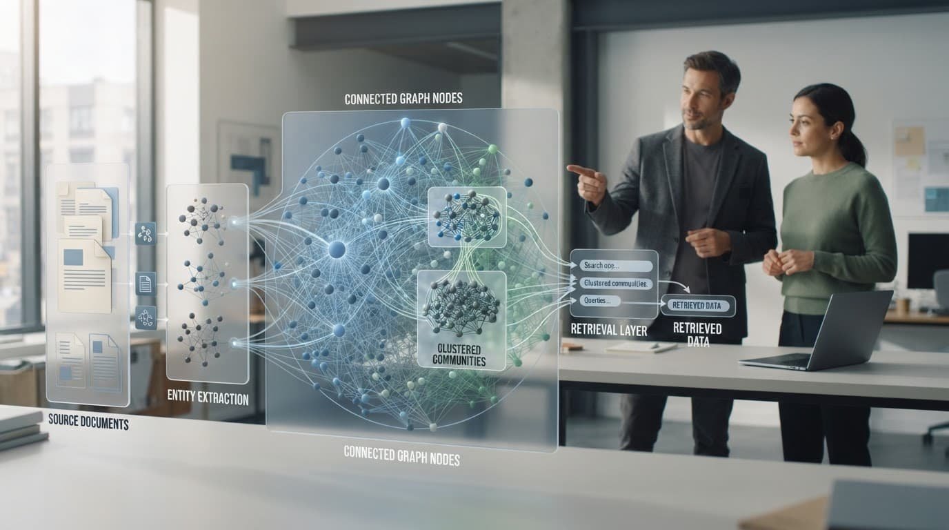 Two people review a visual workflow connecting documents, graph nodes, clusters, and retrieval.