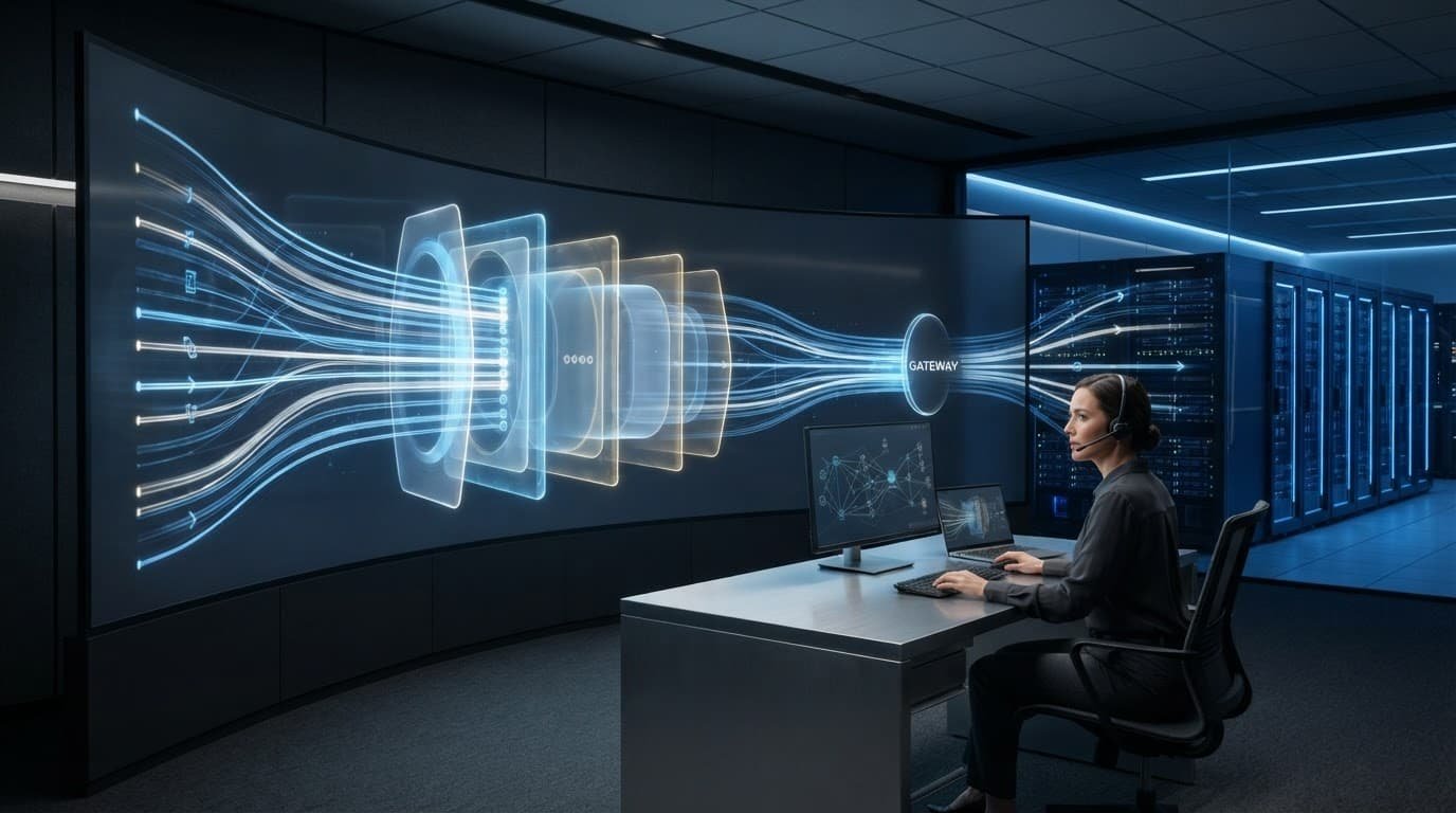 A worker watches traffic streams pass through layered controls toward server racks.