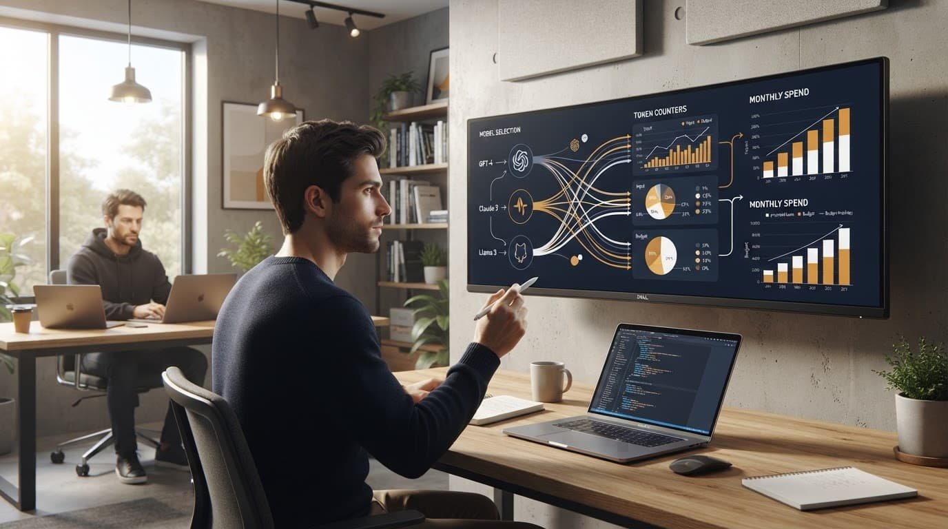 Two coworkers review model costs beside laptops and a large monitor.