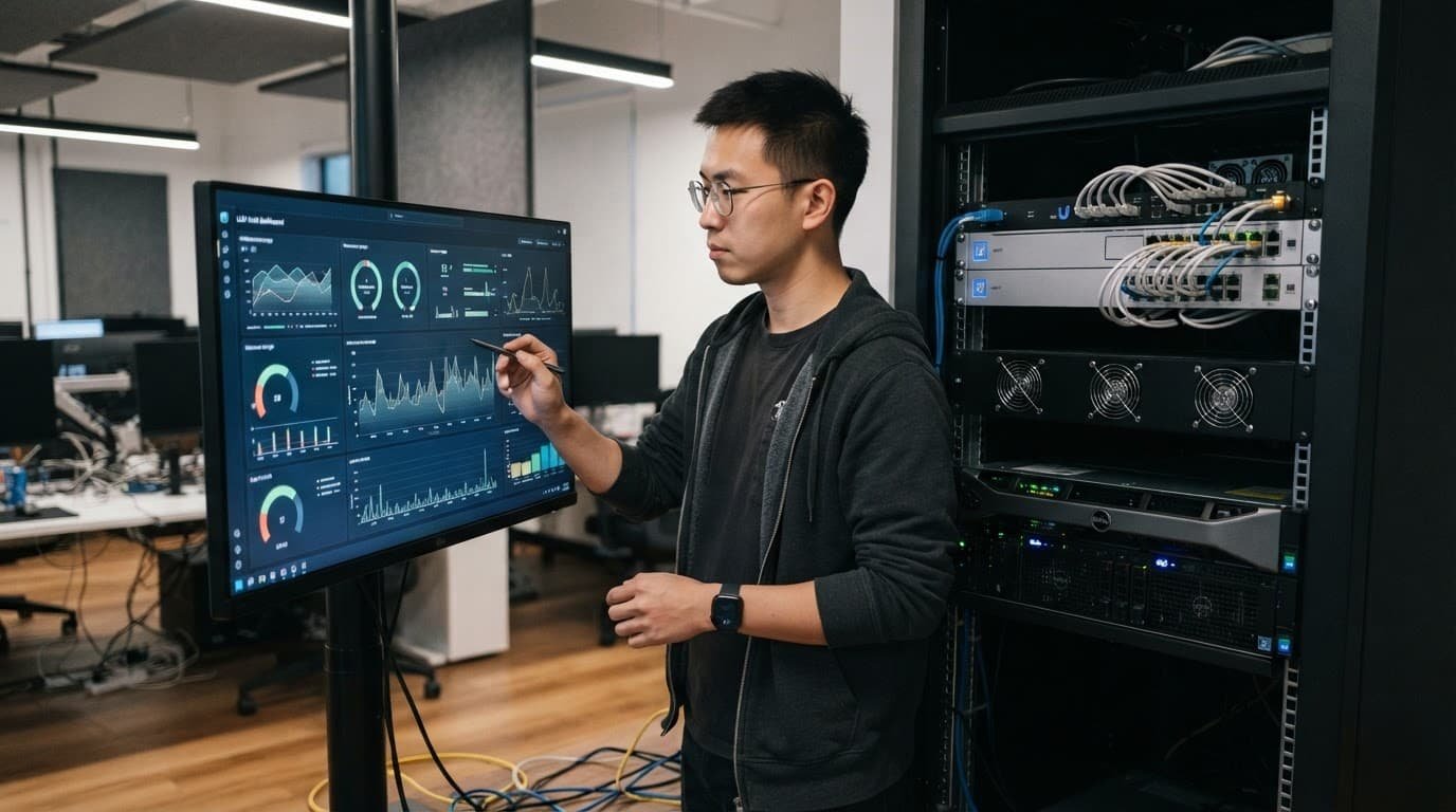 A developer checks a cost dashboard beside a compact server rack.