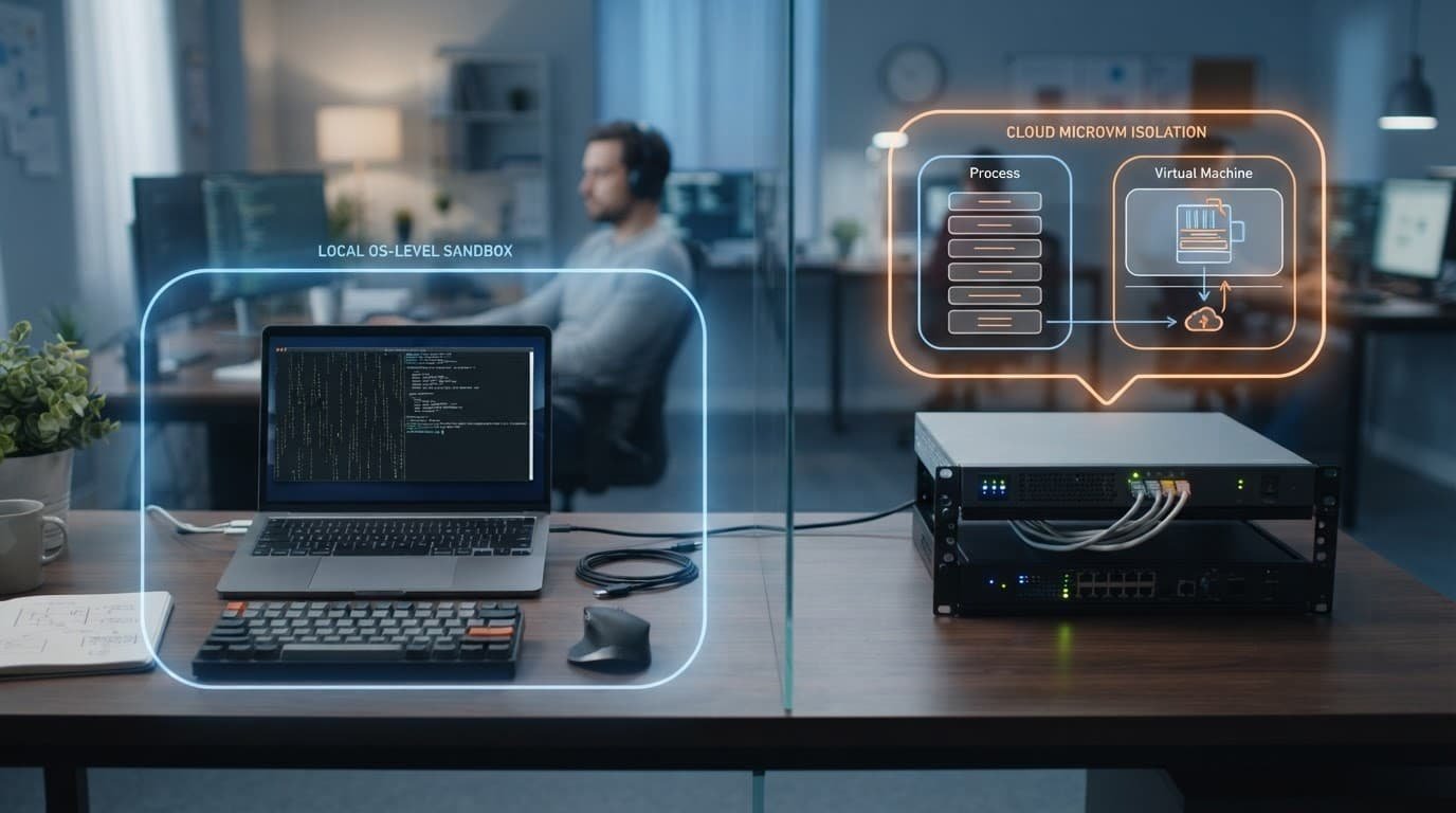 A laptop and compact server occupy separate security zones on an engineering desk.