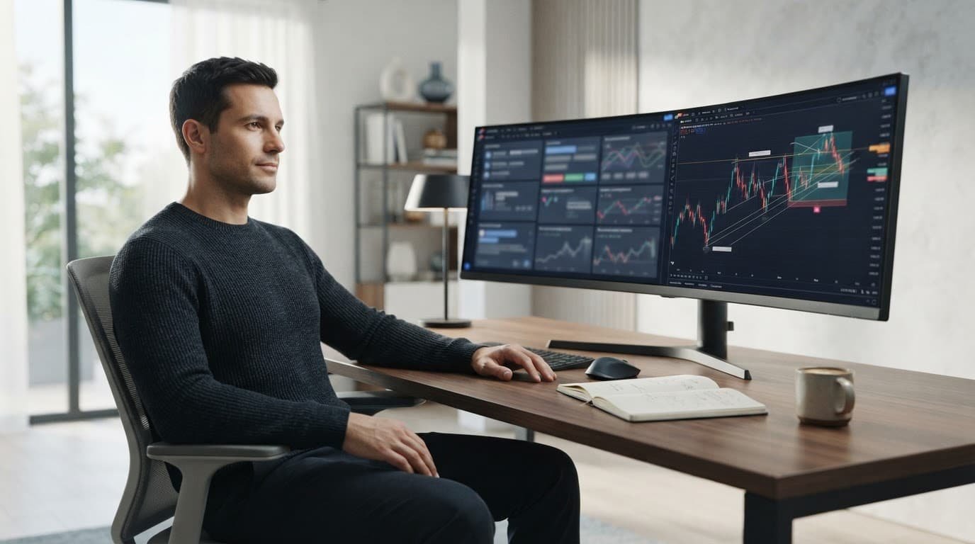 One trader studies abstract charts beside a notebook and coffee.