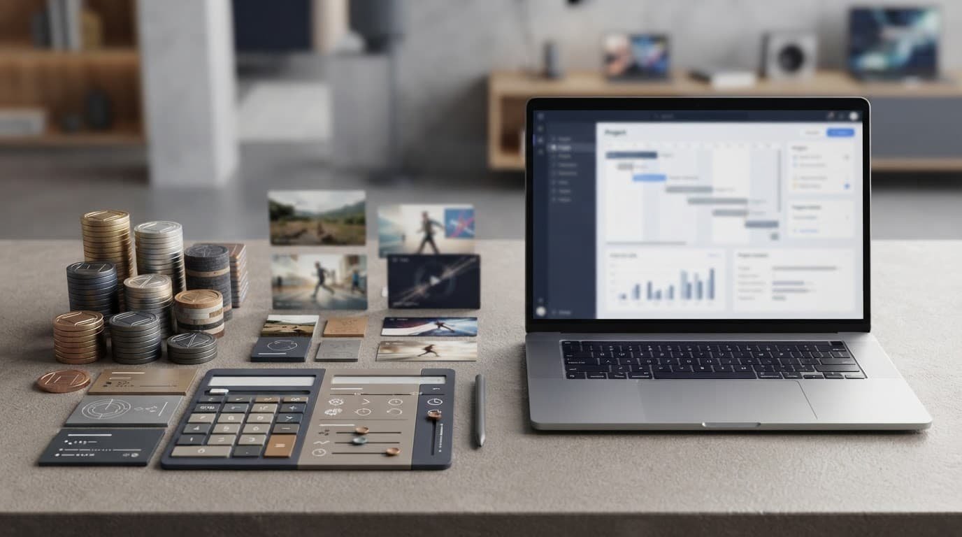 Laptop beside video frames, credit tokens, and a planning sheet on a clean desk.