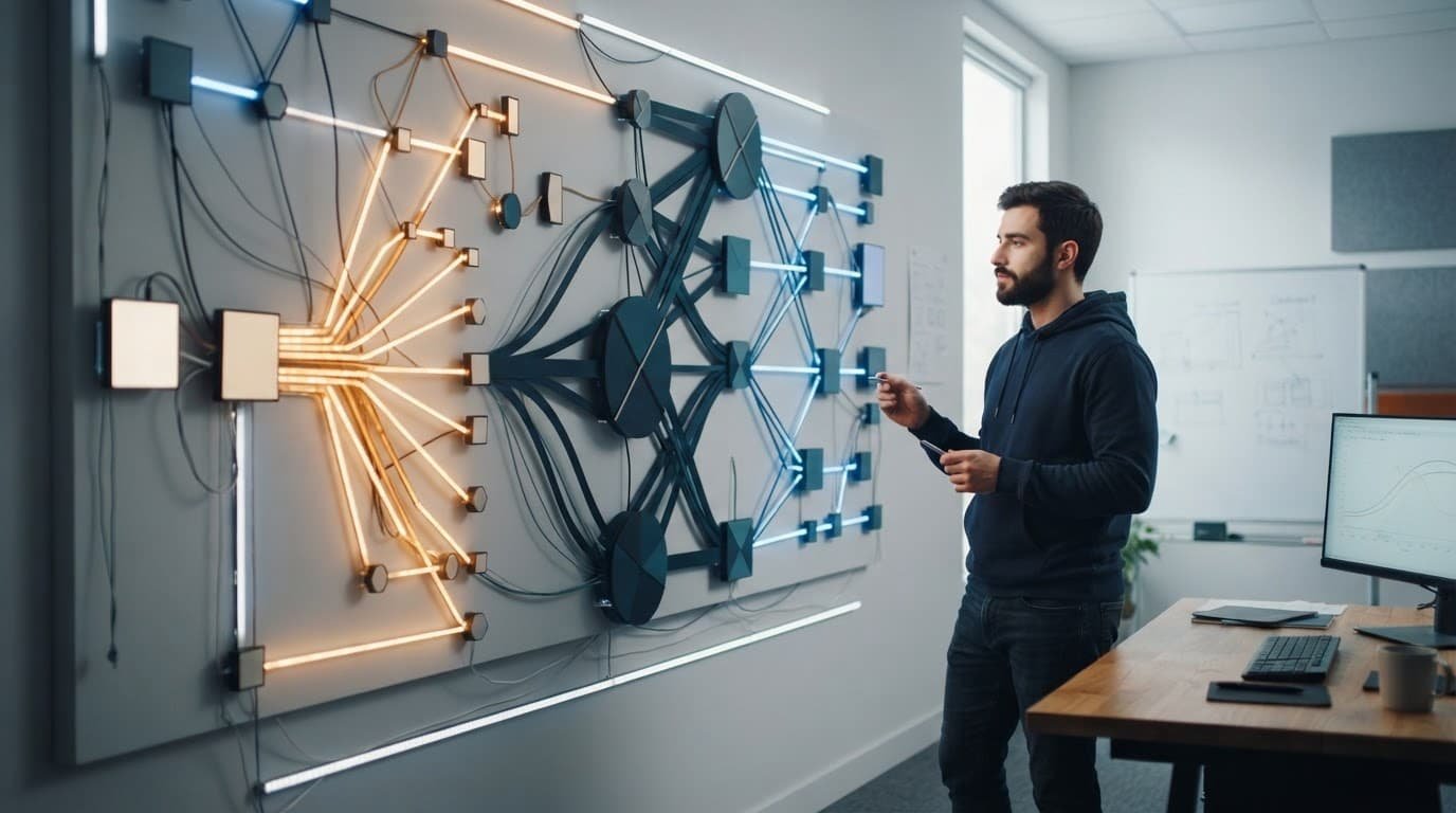 A developer studies a wall display comparing three illuminated model paths.