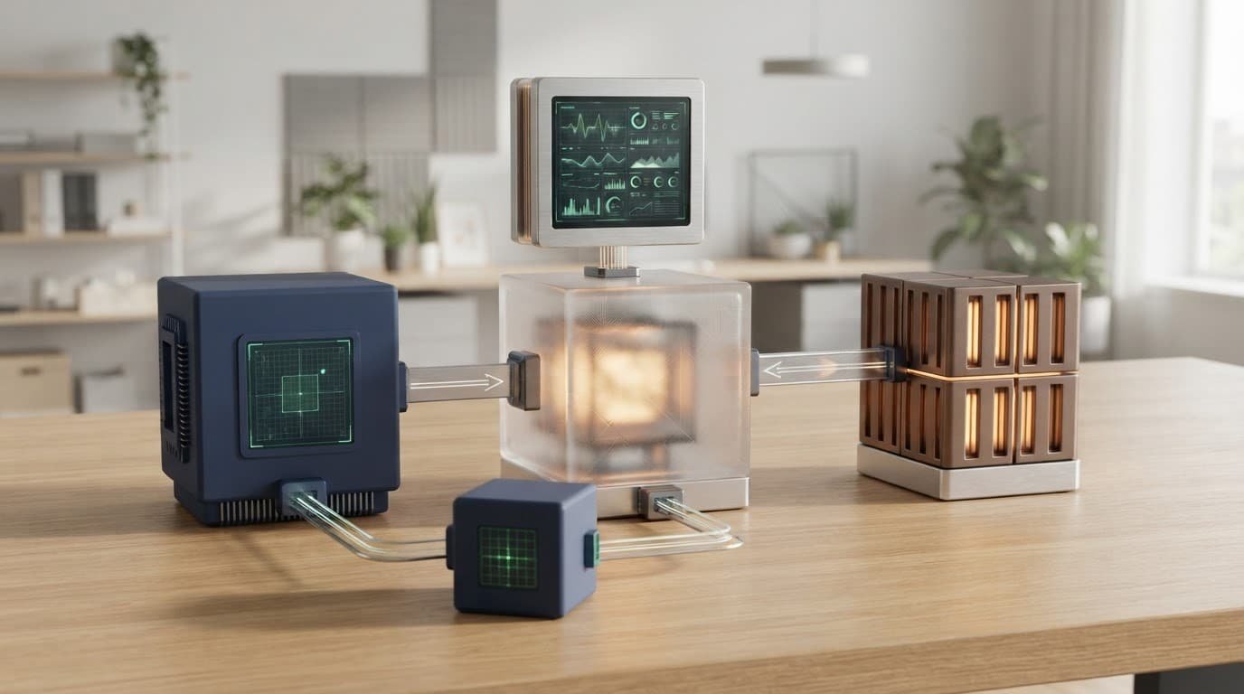 Connected blocks show model routing, caching, retrieval, and monitoring in a modern studio.