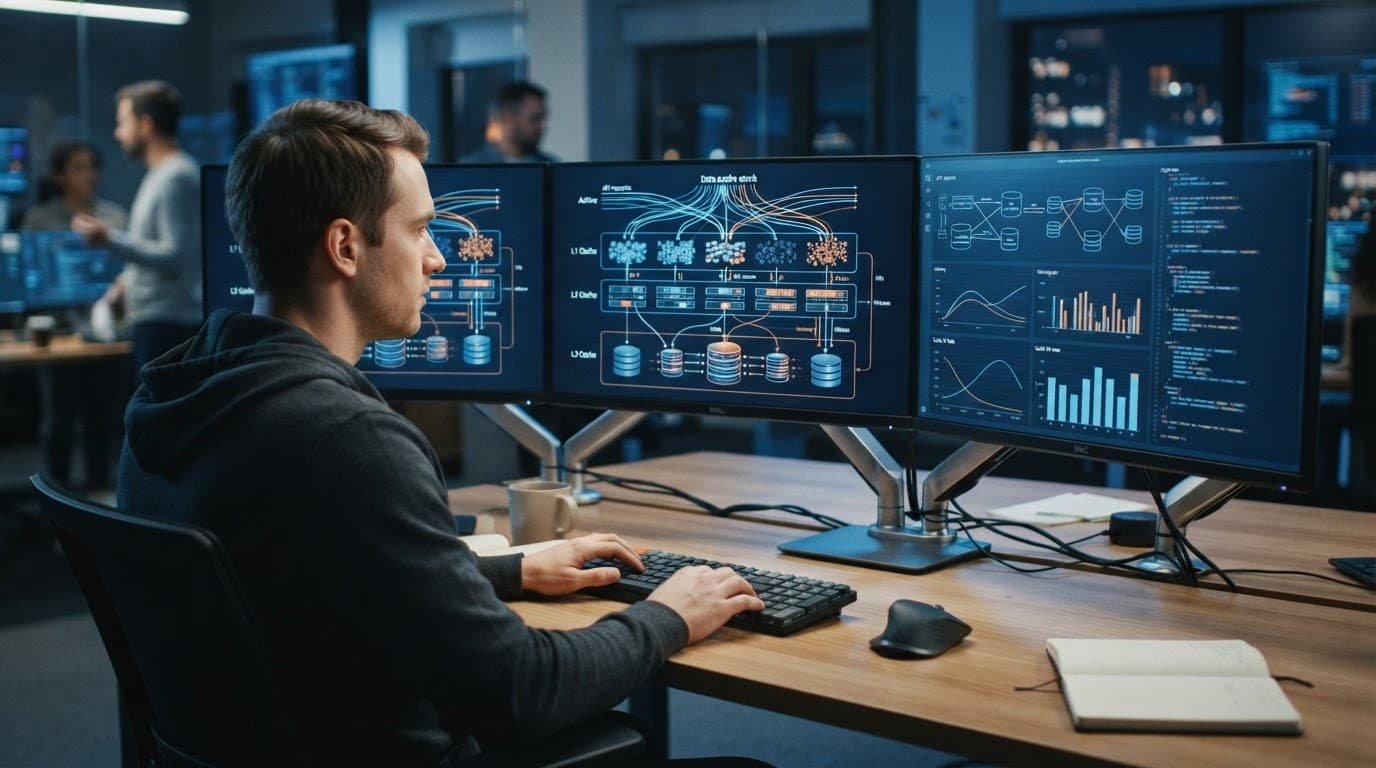 A person works at a desk surrounded by layered data graphics and connection paths.