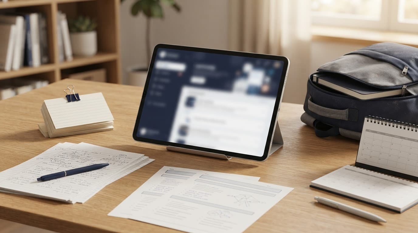 Tablet, flashcards, practice sheets, and a calendar arranged on a tidy desk beside a backpack.