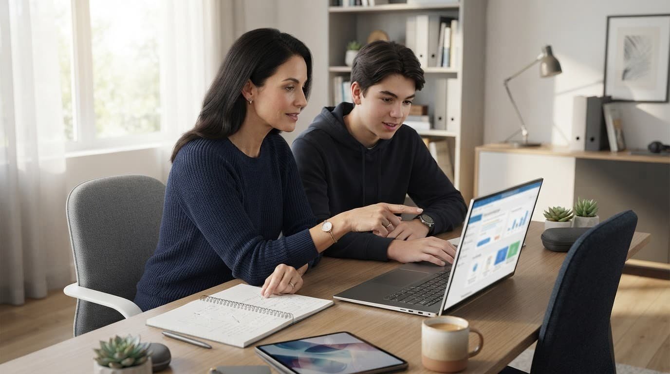 An adult and student discuss learning materials beside a laptop.