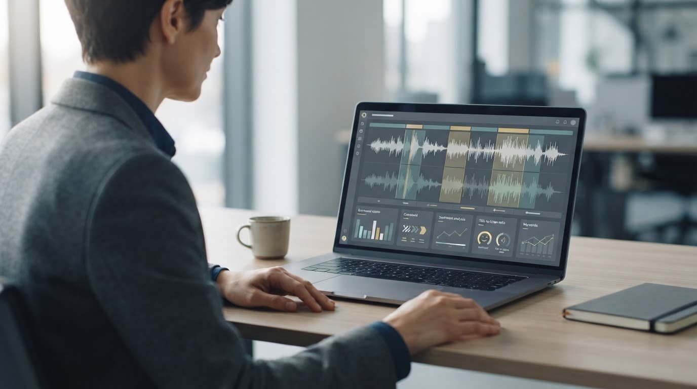 Best AI sales coaching software for small teams in 2026 3 A manager reviews call waveforms and scorecards on a laptop beside coffee and a notebook.