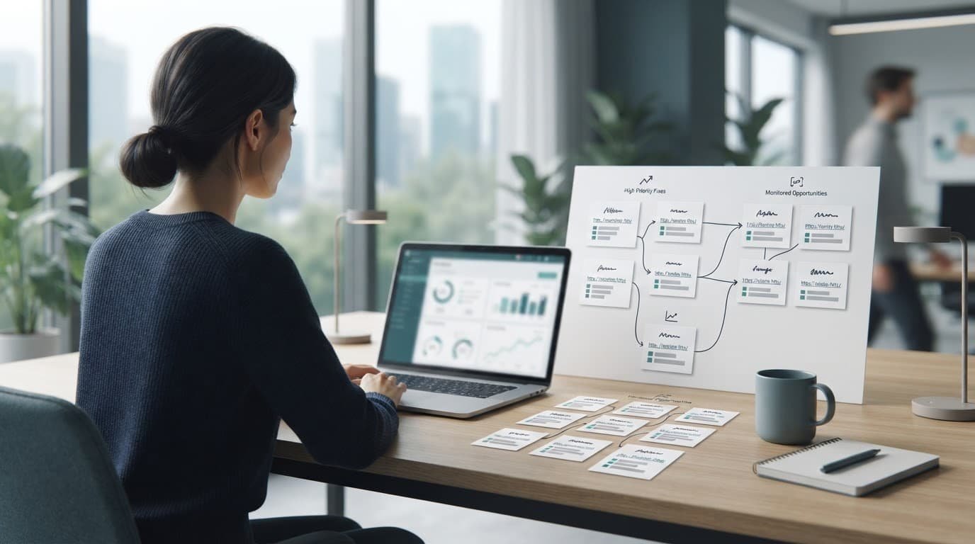 A specialist reviews grouped website pages beside a laptop on a bright office desk.