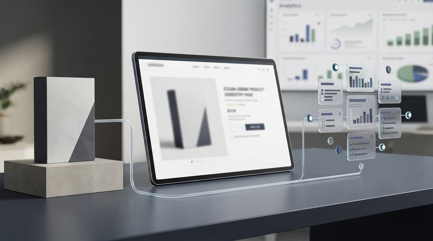 Product packaging connects to catalog screens and a merchant data feed.