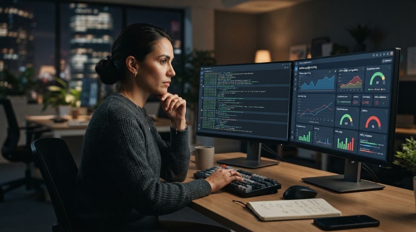 How to build AI agent test cases from support tickets 3 An operations lead reviews dashboards and error logs on two monitors.