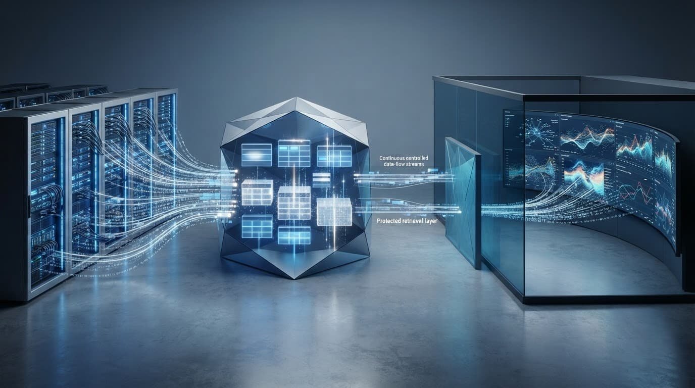 Server systems send live data streams to an analytics display through a protected path.