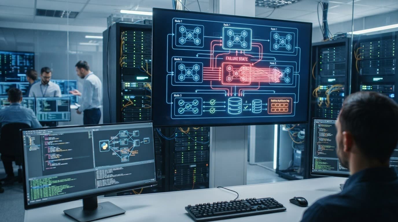 A server container connects to workflow paths with retry loops and safeguards against repeated actions.