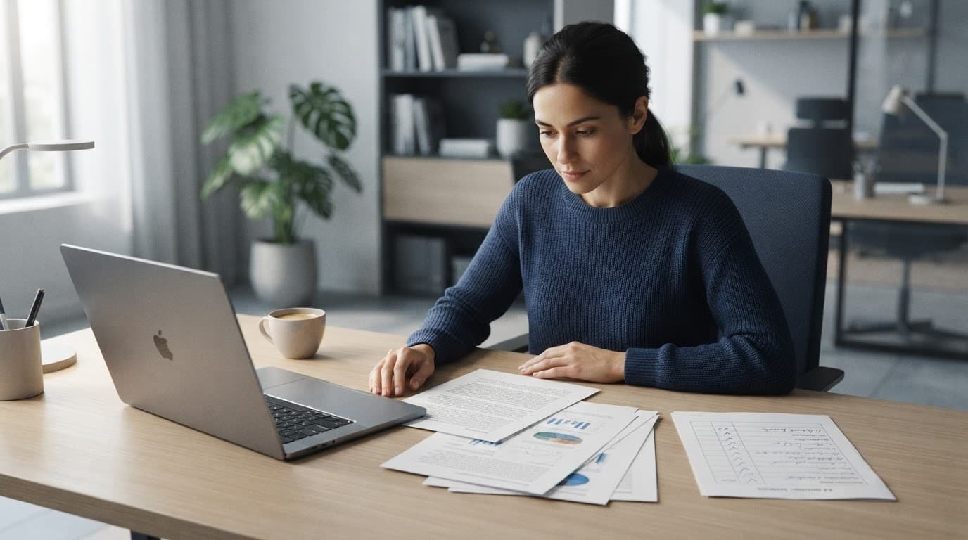 A researcher reviews papers and a checklist beside a laptop at a modern office desk.