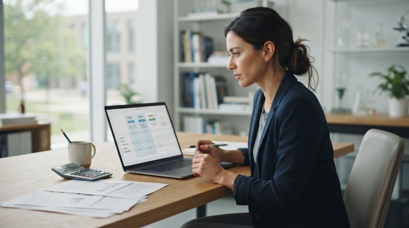 Researcher comparing software plans on a laptop beside papers and a calculator.