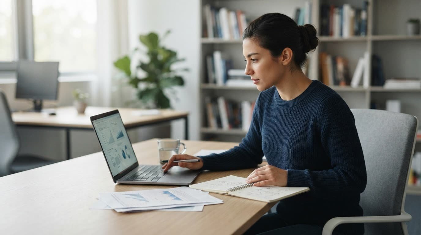 A researcher reviews a laptop beside papers and a notebook at an office desk.