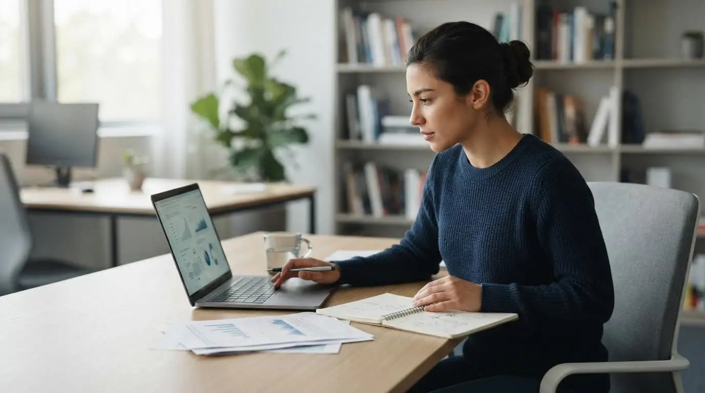 A researcher reviews a laptop beside papers and a notebook at an office desk.