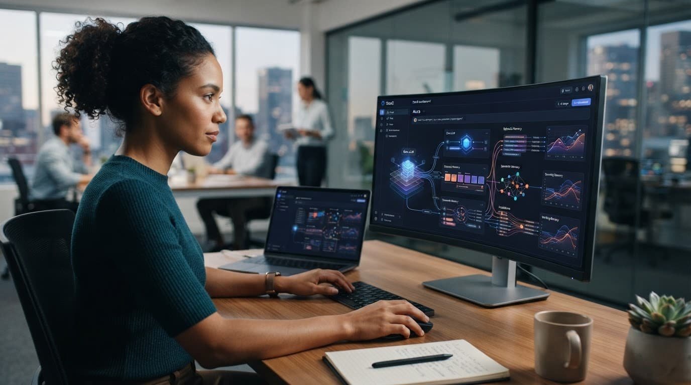A founder views a dashboard with layered memory visuals and secure data paths.