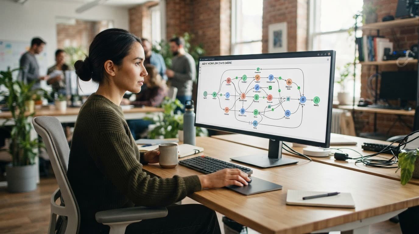 One person views a connected workflow graph on a monitor at a modern desk.