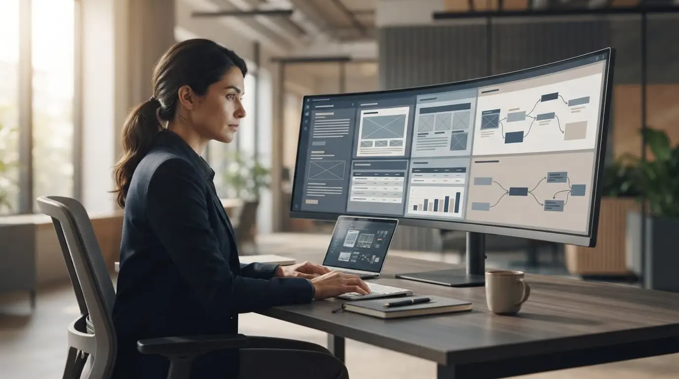 A strategist reviews abstract comparison charts on a monitor beside a laptop and notebook.