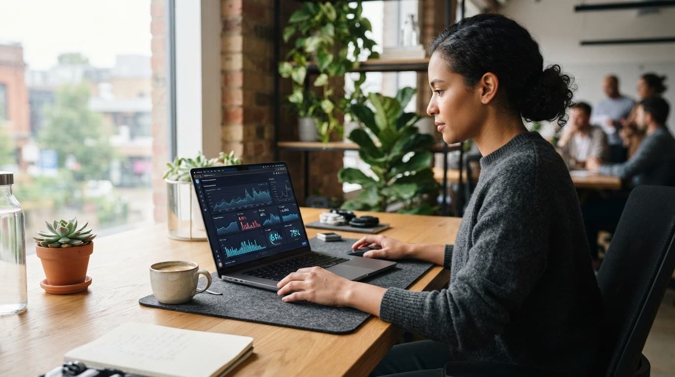 A person viewing performance charts on a laptop beside a plant.