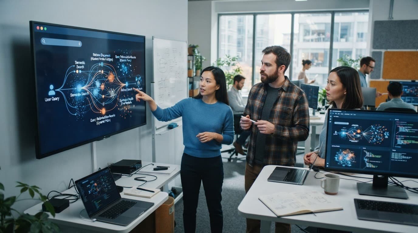 A SaaS team viewing search screens and connected data flows in a modern office.