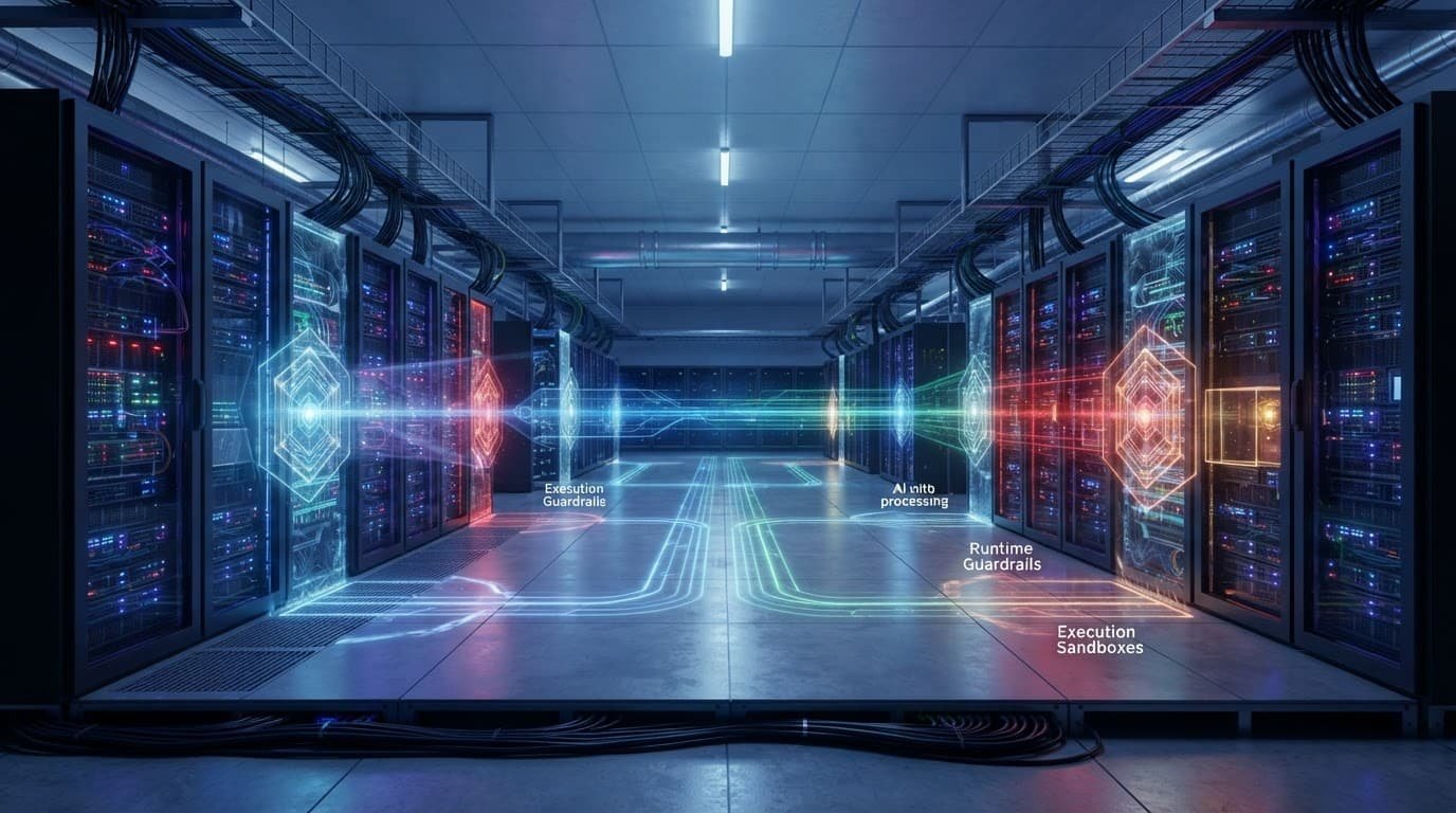 AI agent permissions: secure tool access in practice 2 Glowing server racks sit beneath cloud infrastructure with illuminated security gates.