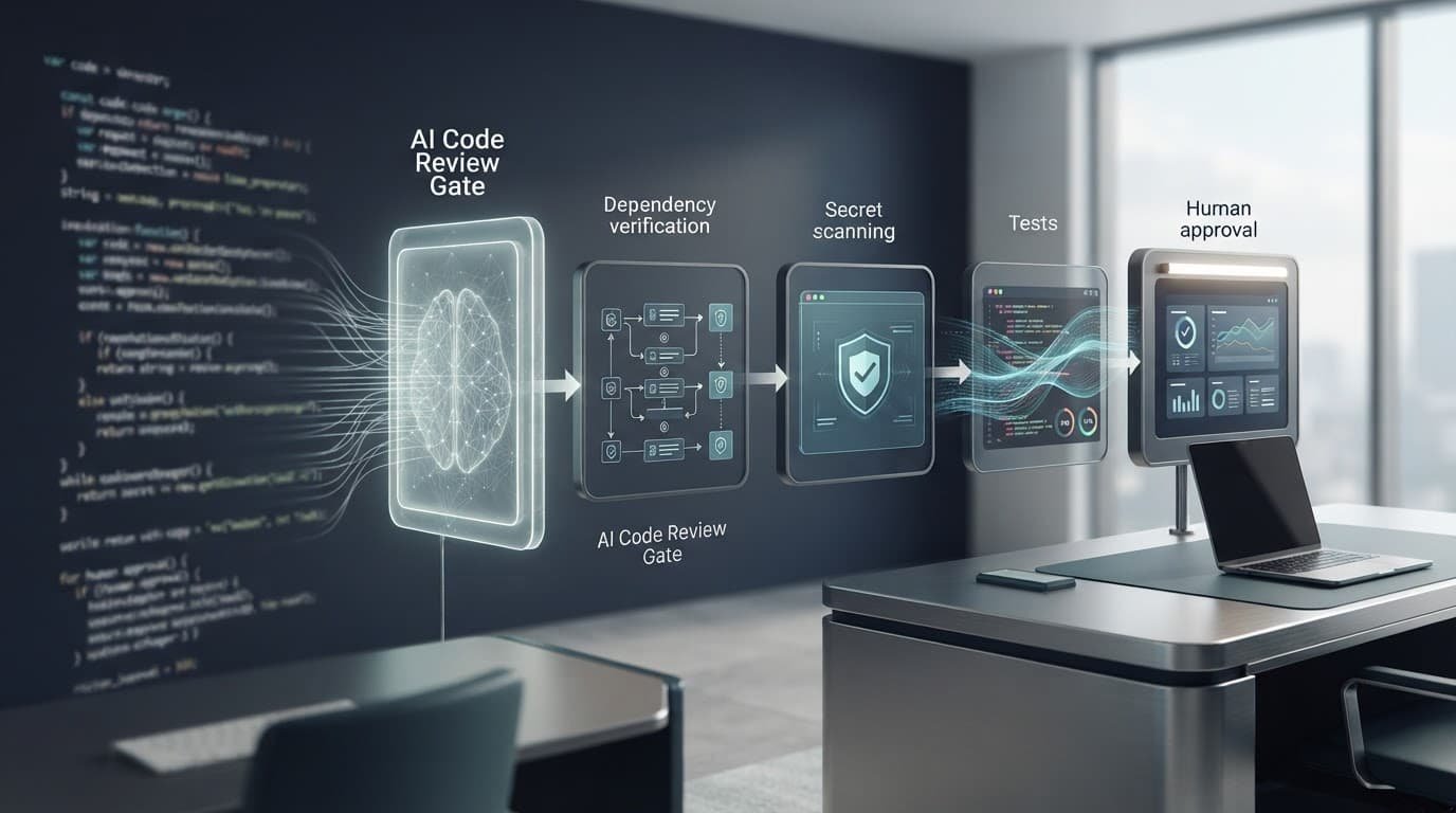 Laptop beside a secure code workflow with review, scanning, testing, and approval checkpoints.