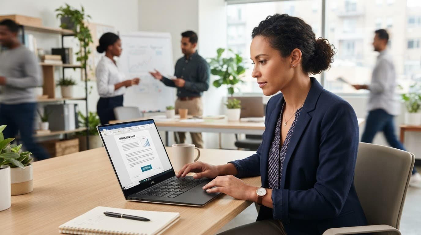 A professional reviews a digital contract while colleagues work in a modern office.