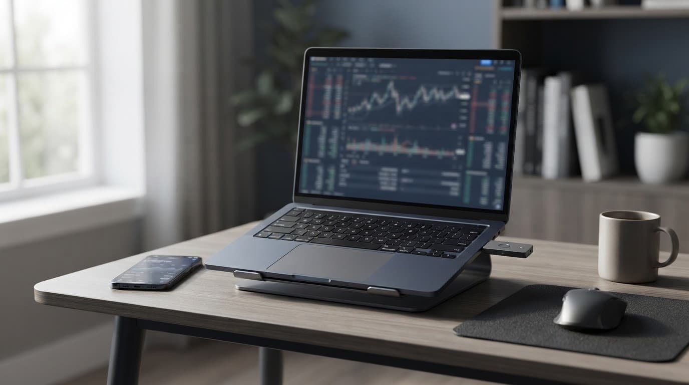 Laptop, security key, and blurred trading phone on a tidy home office desk.