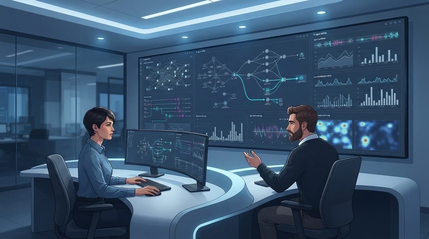 Analysts monitor activity dashboards in a modern blue and graphite security center.