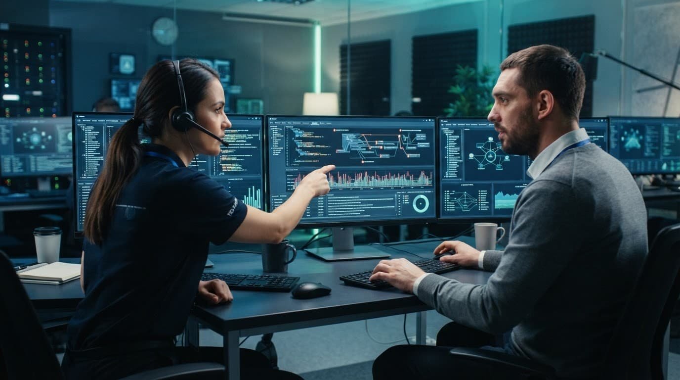 AI agent permissions: secure tool access in practice 3 Two security professionals review monitors at a secure office workstation.