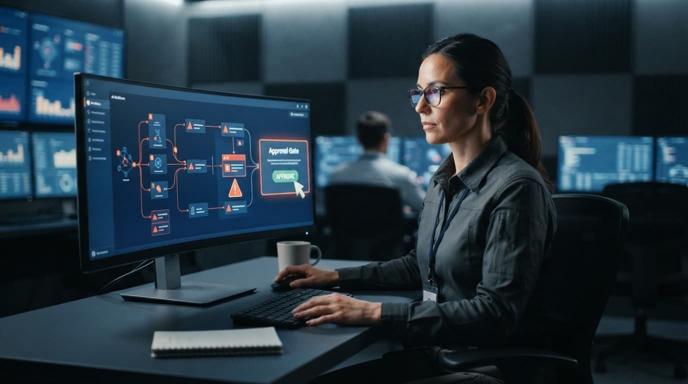 Human approval AI agents: build gates that hold 1 Security professional reviewing an approval workflow on a modern monitor.