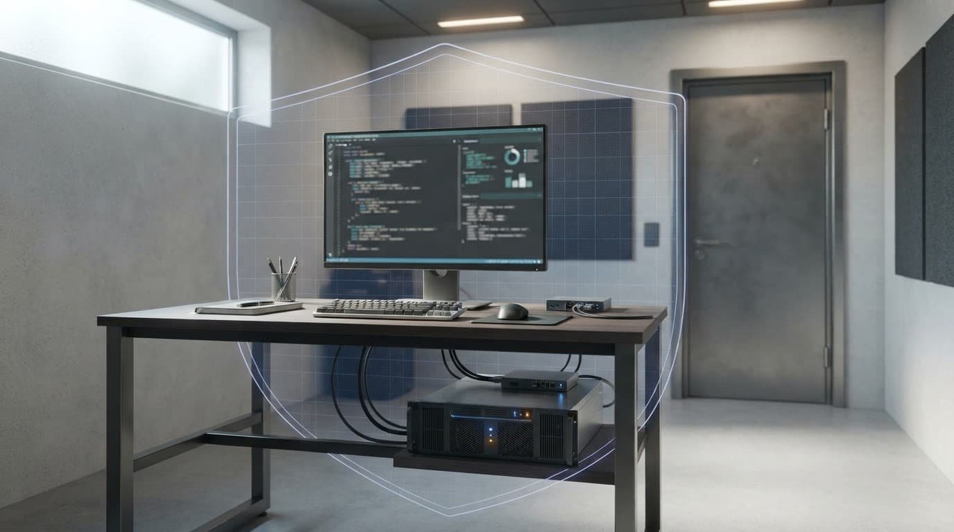 A workstation and GPU server sit inside a shield-shaped network boundary.