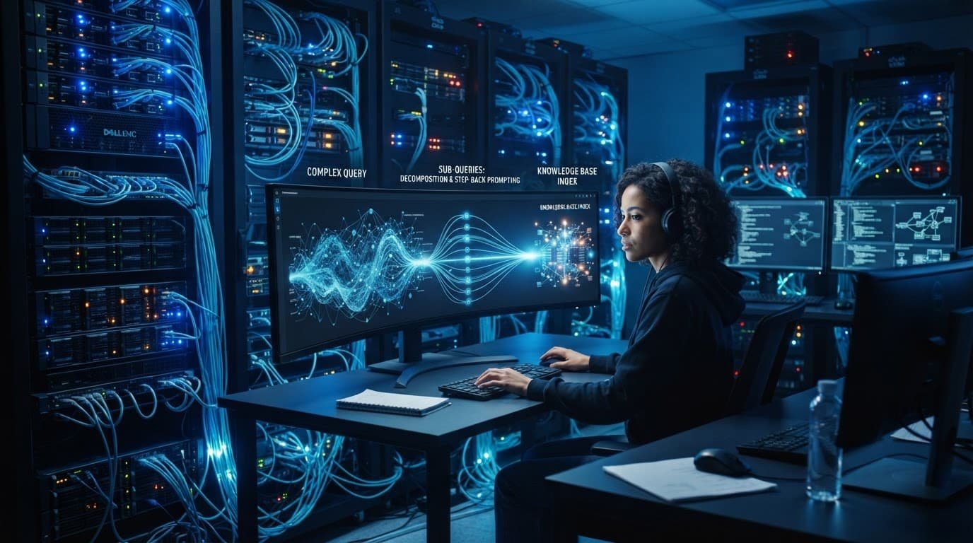 Server racks with blue fiber optics forming a focused path for knowledge search.
