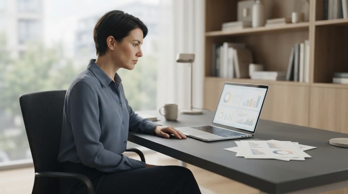 An analyst reviews charts beside a laptop in a quiet modern office.