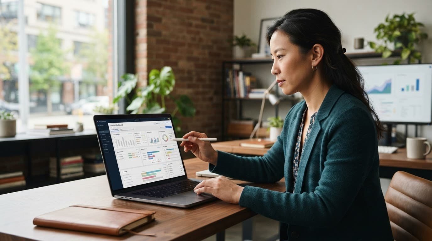 Business owner reviewing a contract dashboard on a laptop in a modern office.