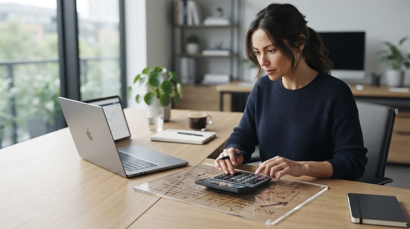Business owner reviewing charts and a calculator beside a laptop at a tidy desk.