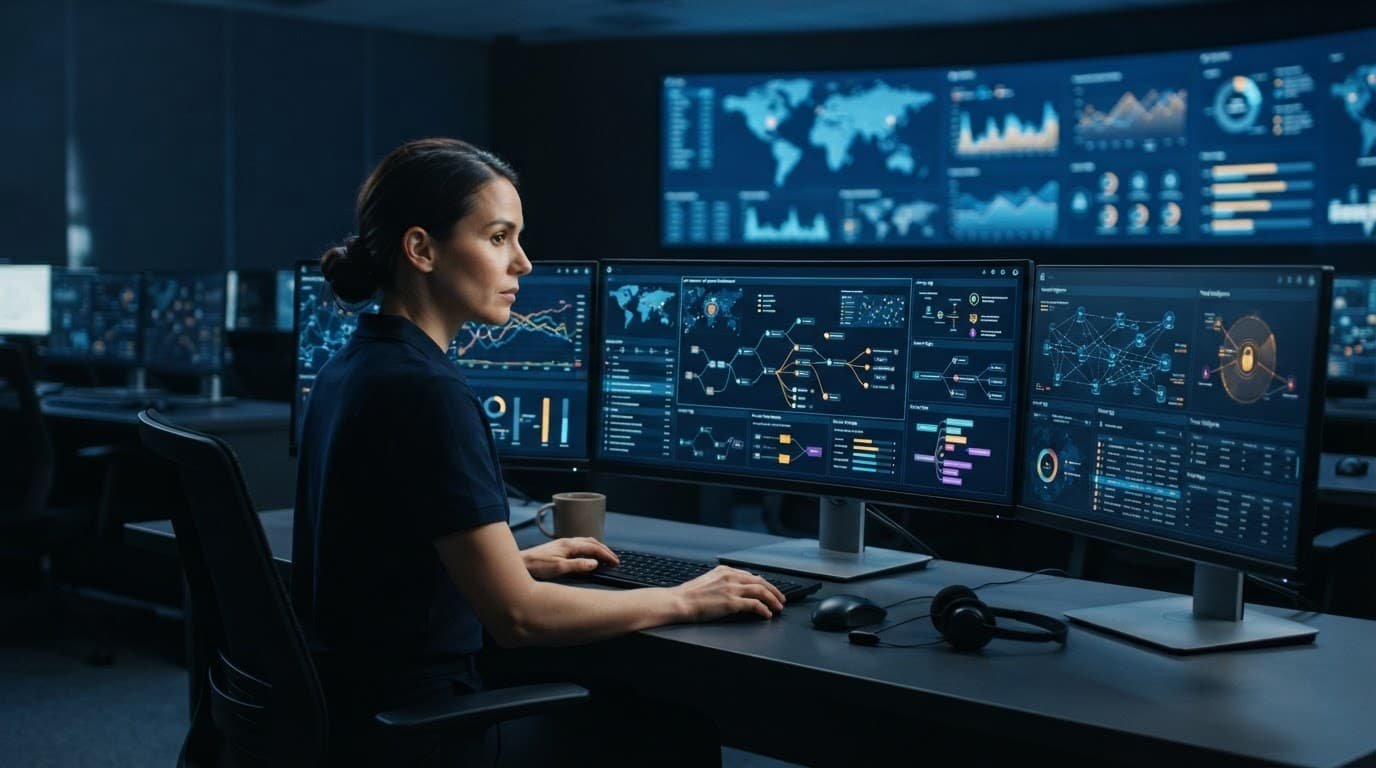 AI agent permissions: secure tool access in practice 1 A security engineer reviews dark screens with data visualizations in a modern operations center.