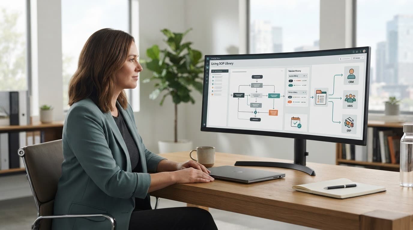 An operations manager reviews connected SOP workflows at a desk with a monitor and laptop.