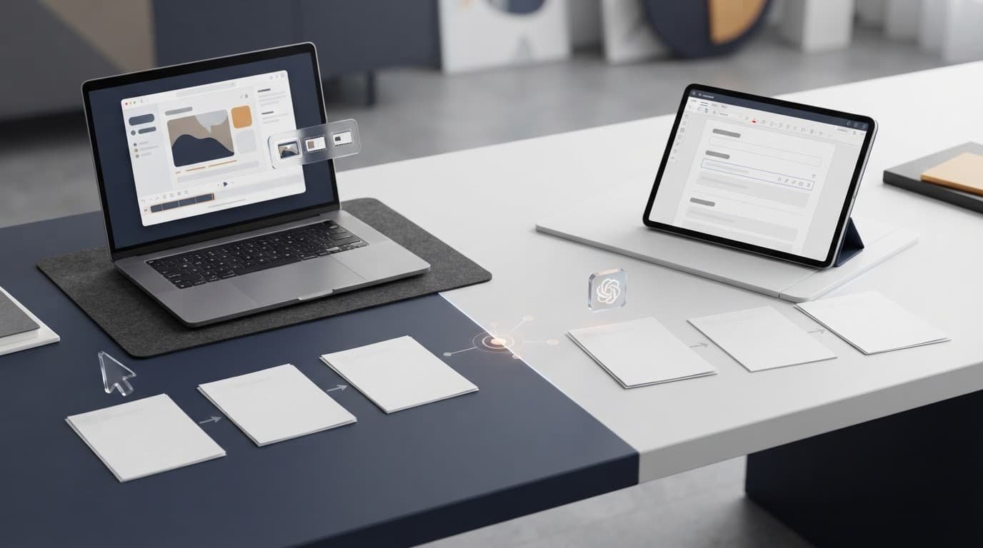Laptop and tablet showing two organized SOP workflow paths on a modern desk.